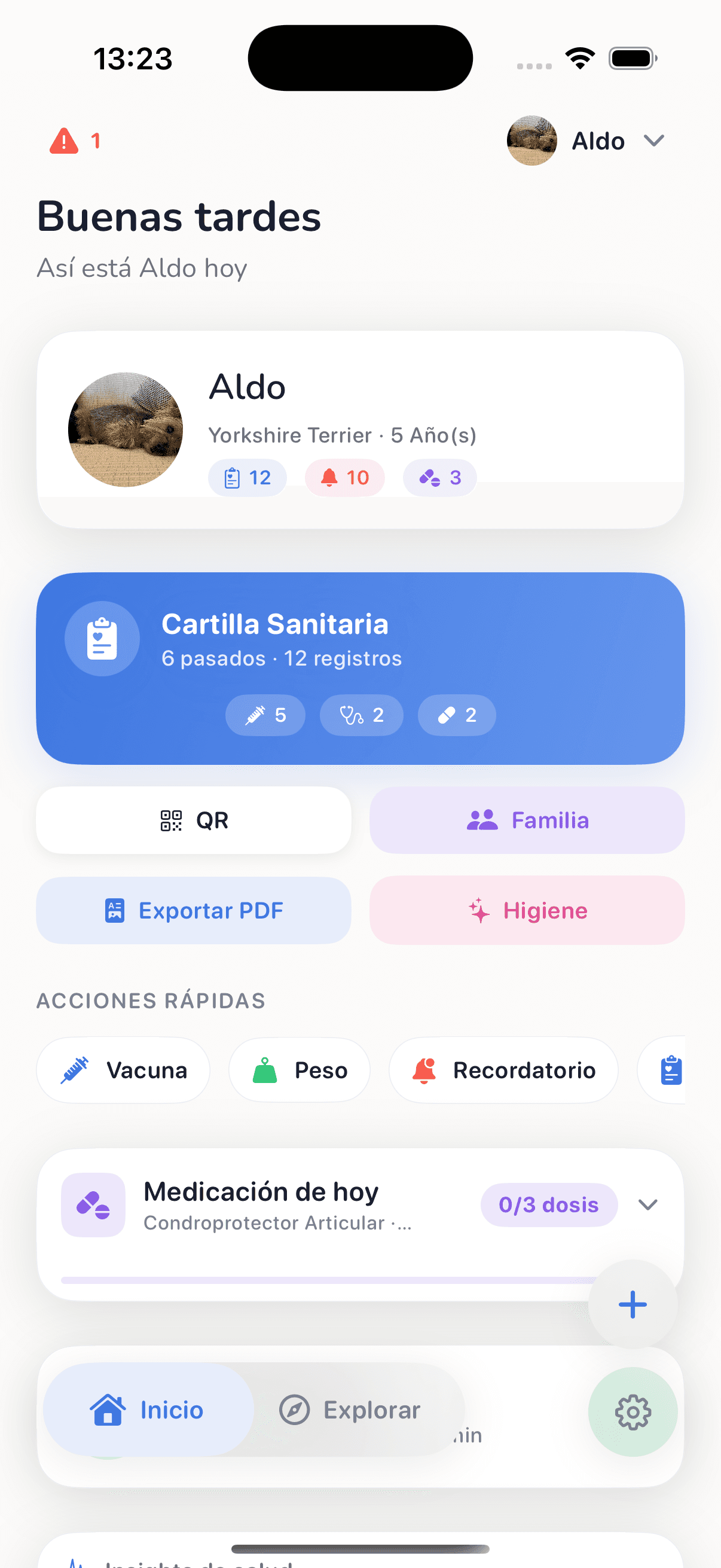 Dashboard de Huella con la información de tu mascota