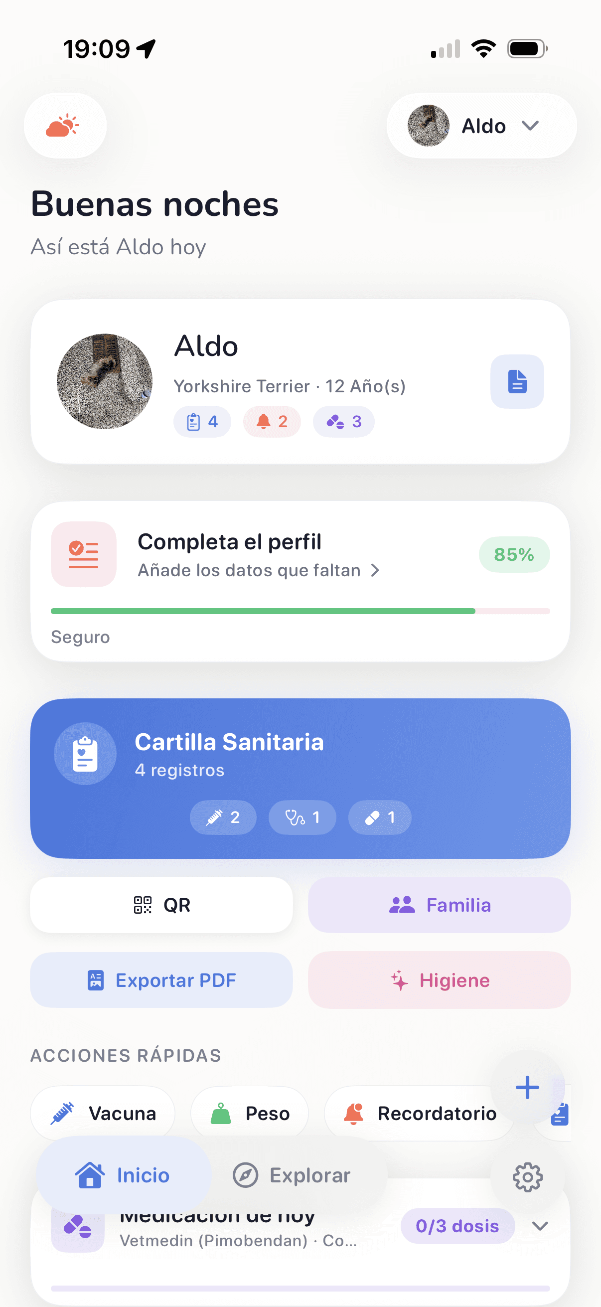 Inicio de Huella: perfil de la mascota, cartilla sanitaria y actividad
